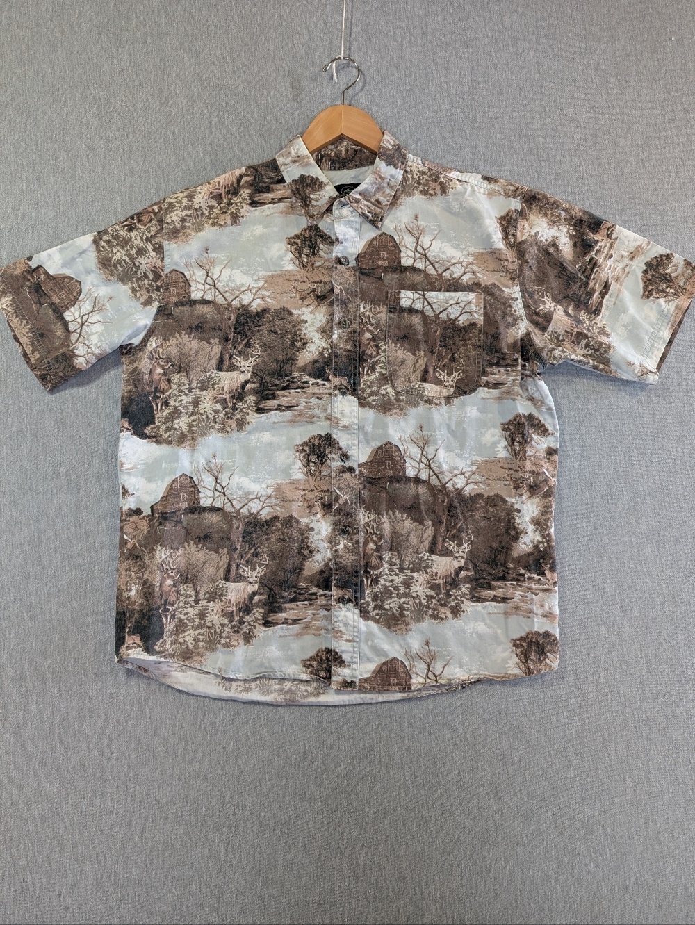 Redhead Animal Farm Print Shirt Men's Large Brown Button Short Sleeve